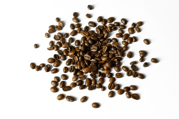Arrangement of scattered coffee beans isolated on white  - design element