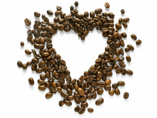 Heart shaped arrangement of scattered coffee beans isolated on white  - design element