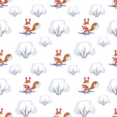 Children's seamless pattern with the image of funny forest animals and winter landscape. Vector background.