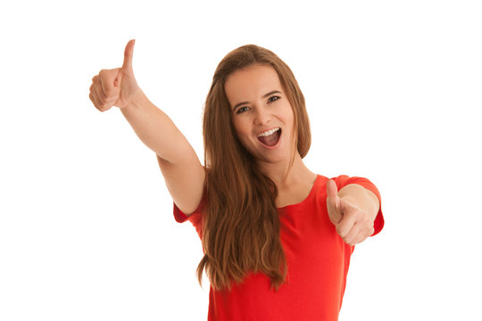 Beautiful young happy caucasian woman gesture succes with showing thumbs up islated over white background