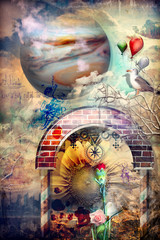 Paesaggio fiabesco e surreale con rovine,fiori,palloncini e colomba © Rosario Rizzo