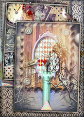 Finestre su un mare surreale con candela,chiave d'oro,orologio e uccelli. © Rosario Rizzo