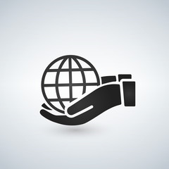 hands holding globe earth web black icon. save earth concept