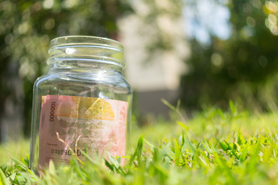 Rupiah Paper Money in jar on Green Nature Background