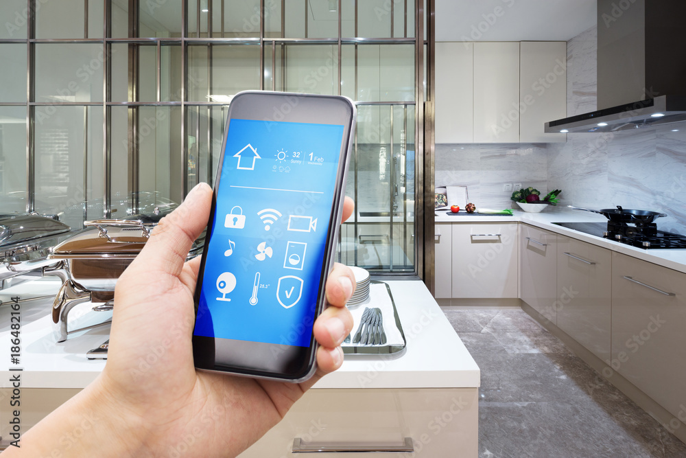 Poster smart phone with smart home with modern kitchen