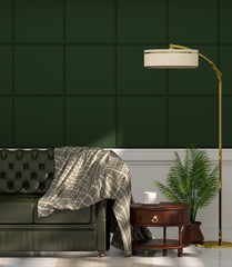 green leather sofa in front of green wall white lamp and sideboard in vintage empty room 3d rendering luxury living room modern mid century room interior