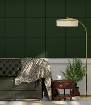 Green Leather Sofa In Front Of Green Wall White Lamp And Sideboard In Vintage Empty Room 3d Rendering Luxury Living Room Modern Mid Century Room Interior