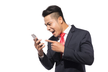 Angry businessman shouting on smartphone, standing over white background
