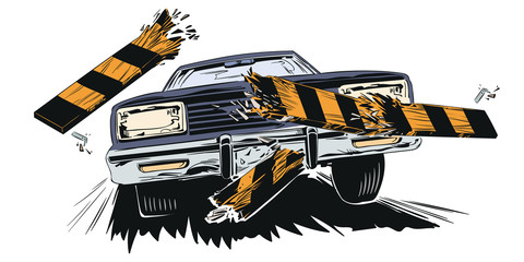 Accident. Car breaking fence barrier. Stock illustration.