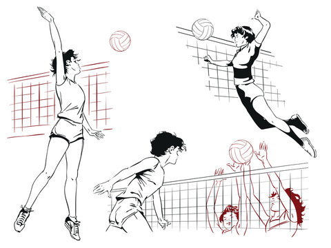 Set of volleyball players. Stock illustration.