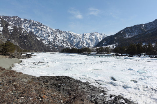 Ice  on the Katun River in the spring, Altai, Russia