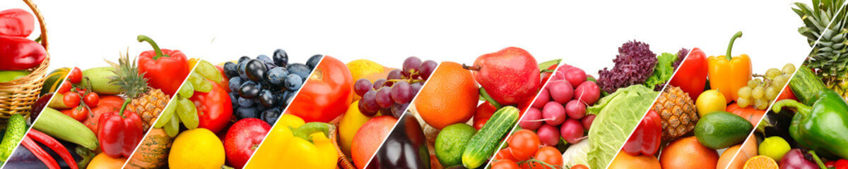 Fruits and vegetables isolated on white background. Panoramic collage. Wide photo with free space...