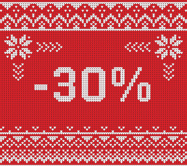 Fototapeta na wymiar Winter sale discount banner, knitted background pattern with sca