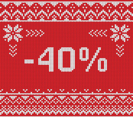 Fototapeta na wymiar Winter sale discount banner, knitted background pattern with sca