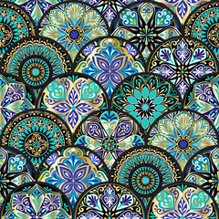 Colorful floral seamless pattern from circles with mandala in patchwork boho chic style