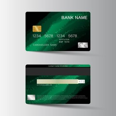 Modern credit card template design. With inspiration from the abstract. Two sided green color on the gray background. Vector illustration. Glossy plastic style.