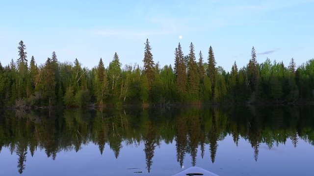 boating along mirror lake with forest image and moon in the sky 4k
