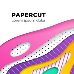 Abstract geometrical papercut design template. Lines and dots with ultraviolet, pink, yellow and turquoise paper layers 3d effect. Trendy ultraviolet backdrop.