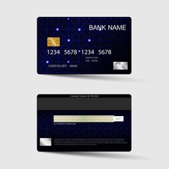 Modern credit card template design. With inspiration from the abstract. Two sided blue color on the gray background. Vector illustration. Glossy plastic style.