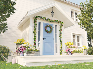spring decorated porch with a lot of flowers. 3d rendering - 186489575