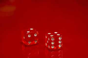 Two Red dice on bright red glossy background.