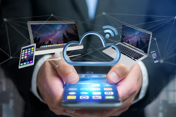 Devices like smartphone, tablet or computer flying over connected cloud - 3d render