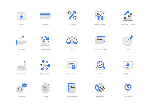 Set of grey flat business icons with blue accent isolated on light background.