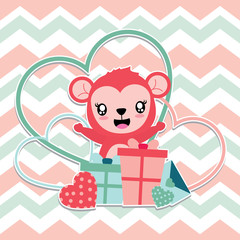 Cute monkey is happy gets love gift boxes vector cartoon illustration for Happy Valentine card design, postcard, and wallpaper