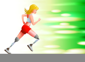 Girl with disability with prosthesis on legs. Vector illustration.