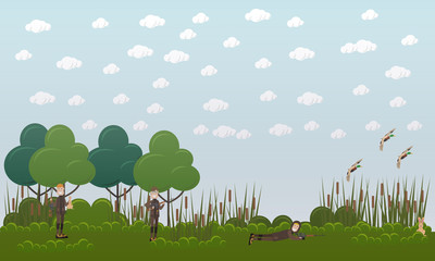 Duck hunting vector flat illustration