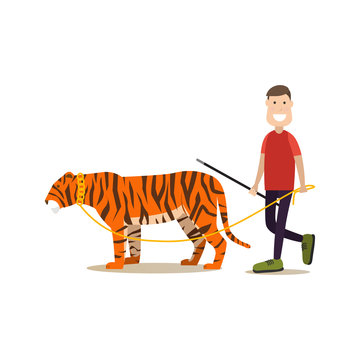 Wild animal tamer male with his tiger vector flat illustration