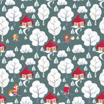 Children's seamless pattern with the image of funny forest animals and winter landscape. Vector background.