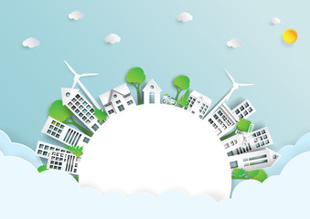 Save the world.Green city and urban landscape paper art style design.Eco friendly and renewable energy of environment conservation concept design template.Vector illustration.
