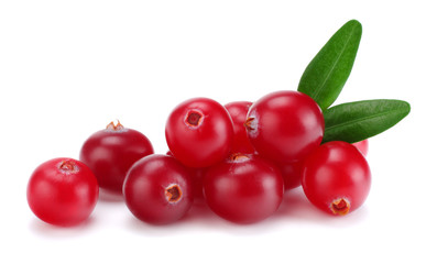Cranberry with leaves isolated on white. With clipping path. Full depth of field.