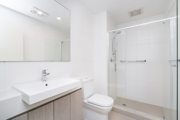 Fototapeta na wymiar Modern minimal bathroom interior with wooden cabinets and glass shower screen.