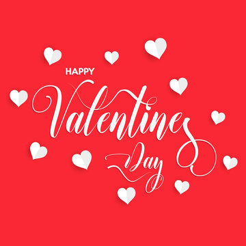 Happy Valentine's Day inscription decorated with white paper hearts. Vector illustration.
