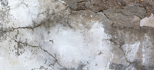 Old white grunge plaster wall with cracked structure banner texture background