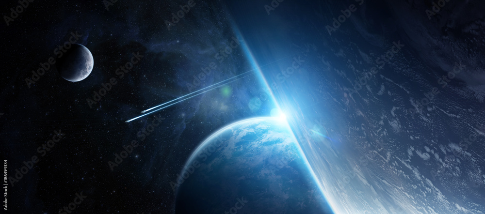 Poster Sunrise over distant planet system in space 3D rendering elements of this image furnished by NASA