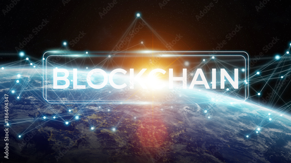 Aufkleber blockchain on planet earth 3d rendering