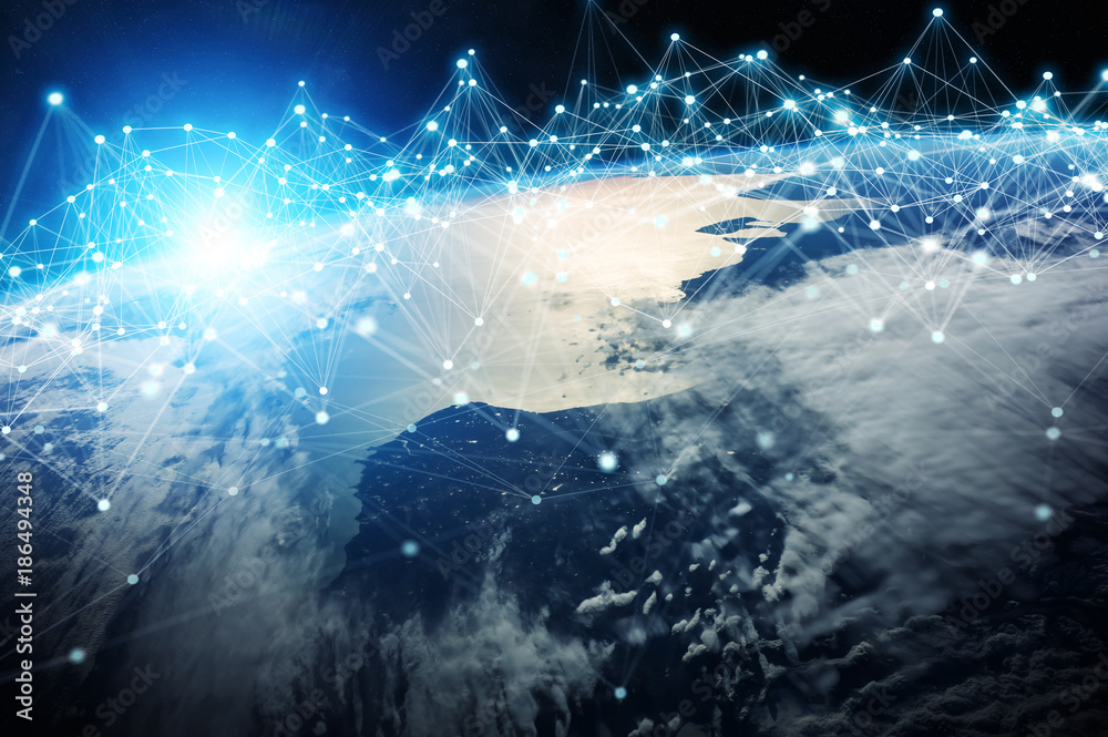 Fototapete Connections system and datas exchanges on planet Earth 3D rendering