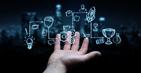 Businessman using manuscript project presentation with his hand