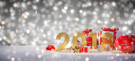2018 new year eve with christmas baubles and gifts 3D rendering