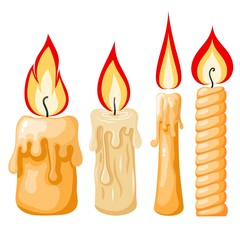 Cartoon of a candle on a white background. Set of yellow candles with flames in Cartoon style. Vector illustration