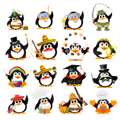Set of cute little penguins on a white background. Young penguins of different professions with objects. Vector illustration