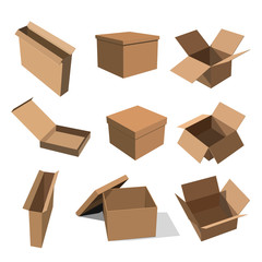 Set of paper yellow boxes for packing goods on a white background. Vector illustration of a flat style boxes for design