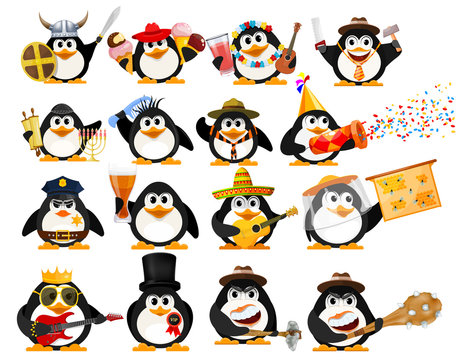 Set of cute little penguins on a white background. Young penguins of different professions with objects. Vector illustration