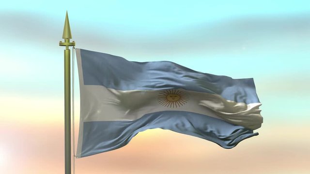 National Flag of the Argentina waving in the wind against the sunset sky background slow motion Seamless Loop Animation