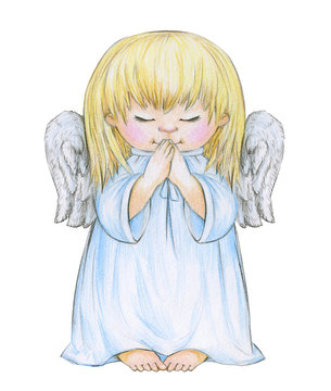 Little praying angel cartoon isolated, hand drawing.
