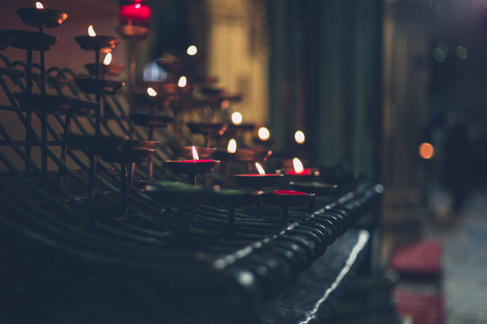 Votive candles in church