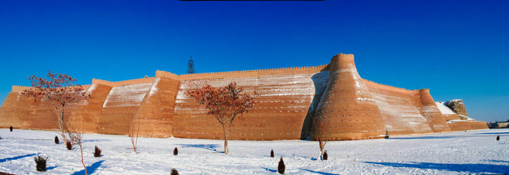 winter panoramic view to Ark fortress of Bukhara, Uzbekistan